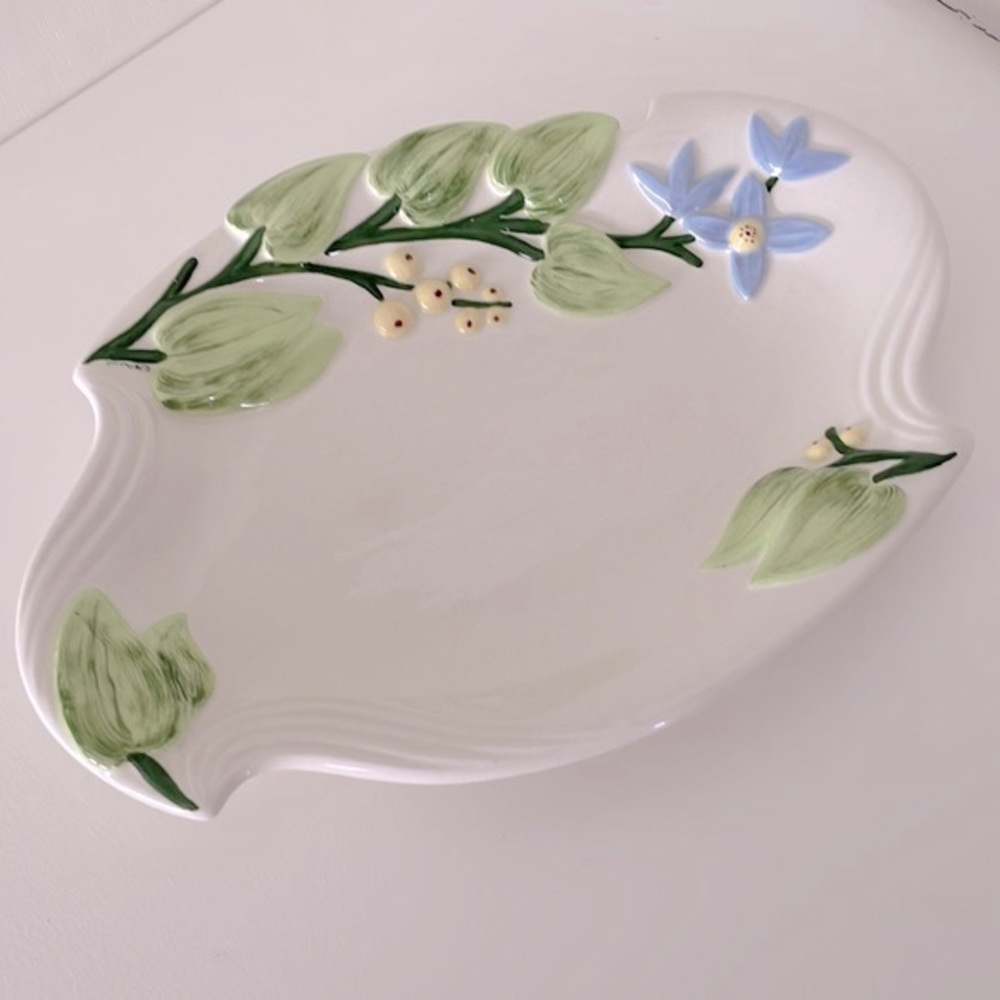 Holland Mold, hand painted, platter, bluebells, berries, leaves, signed “CEIL”